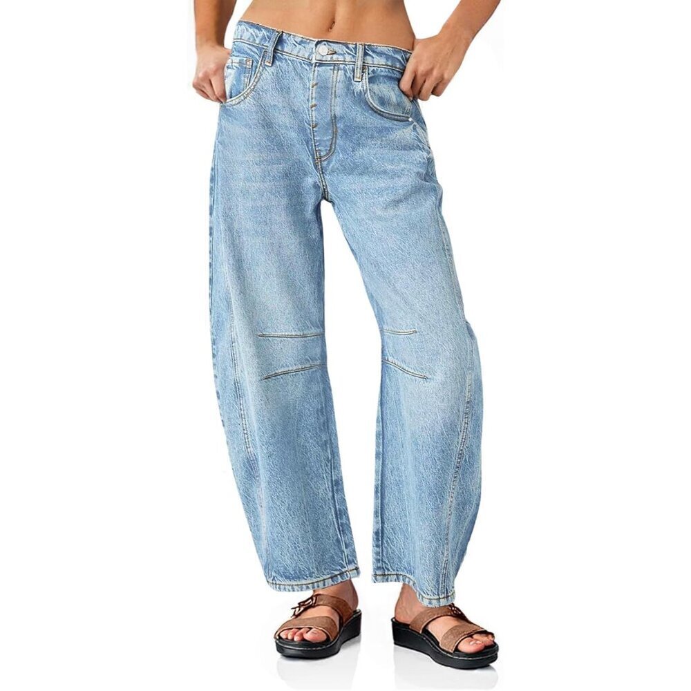 Women's Vintage Wide Leg Boyfriend Jeans Mid Rise Ankle Denim Casual